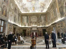 Pope Francis addresses new ambassadors accredited to the Holy See in the Vatican’s Clementine Hall, May 21, 2021.